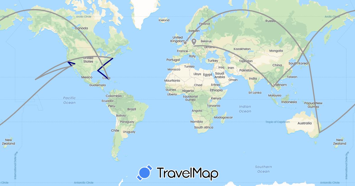 TravelMap itinerary: driving, plane in Australia, Cuba, Czech Republic, Japan, South Korea, Netherlands, Thailand, United States (Asia, Europe, North America, Oceania)
